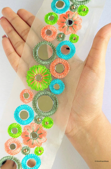 Gold Sheer Tissue Fabric Trim With Red / Pink / Coral And Green Circles and Floral Embroidery With Mirror Embellishments, Approx. 65mm